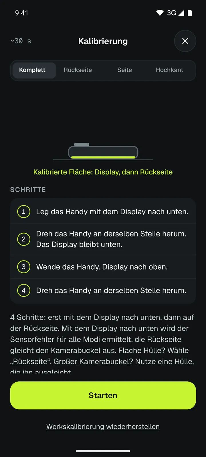 Kalibrierung in Loodis in 4 Schritten: auf jedem Tisch, indem man das Handy umdreht