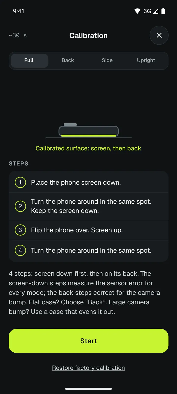 Loodis calibration screen with 4 steps: calibrate on any table by turning the phone around