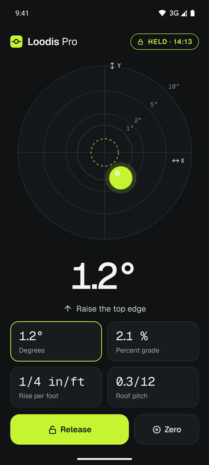 Held reading in Loodis with the time: 1.2° in degrees, percent grade, rise per foot and roof pitch