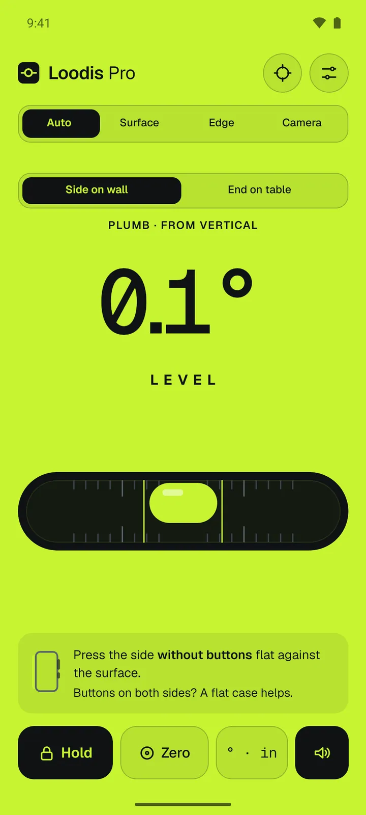 Loodis plumb view against a wall: the whole screen turns green and shows LEVEL