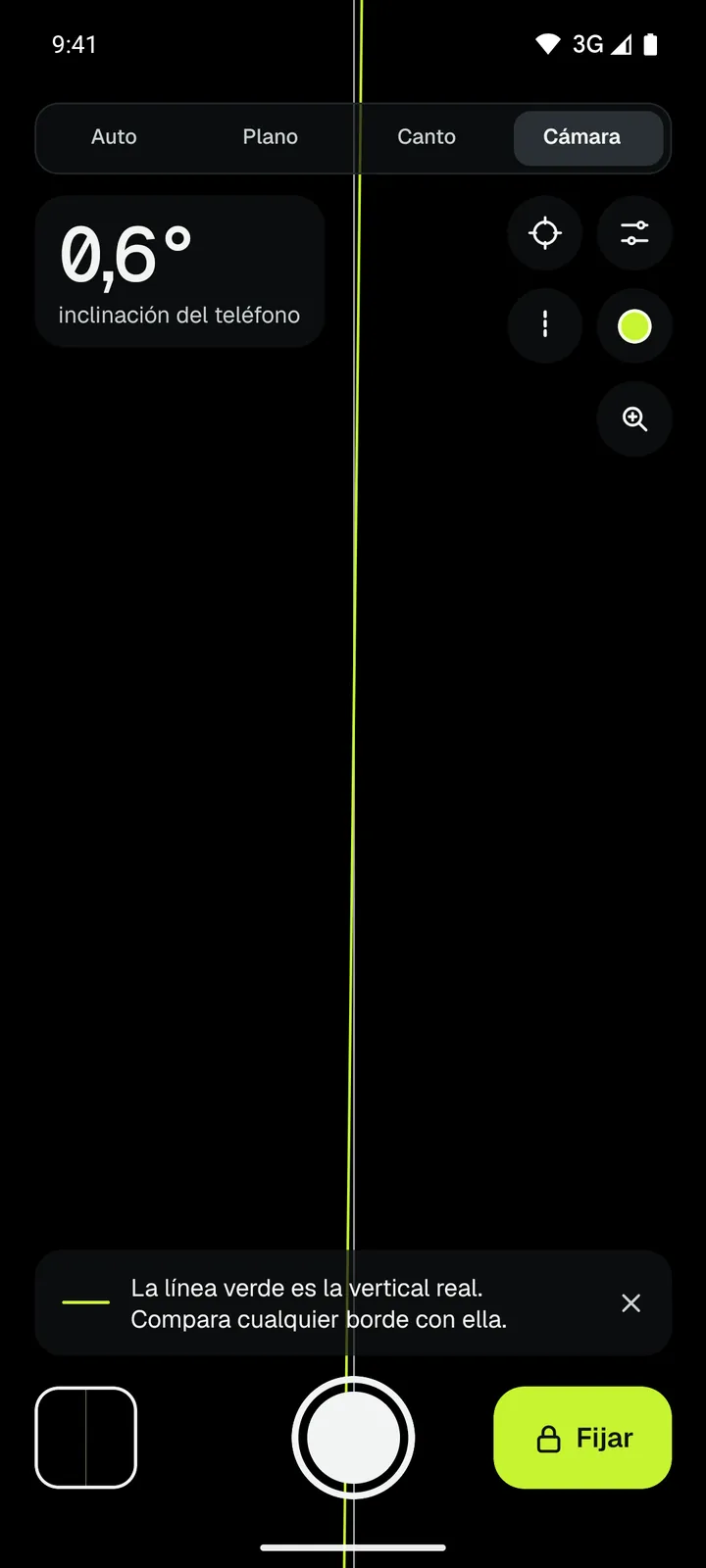 Loodis en modo Cámara: línea verde de vertical real sobre la imagen con la inclinación del teléfono