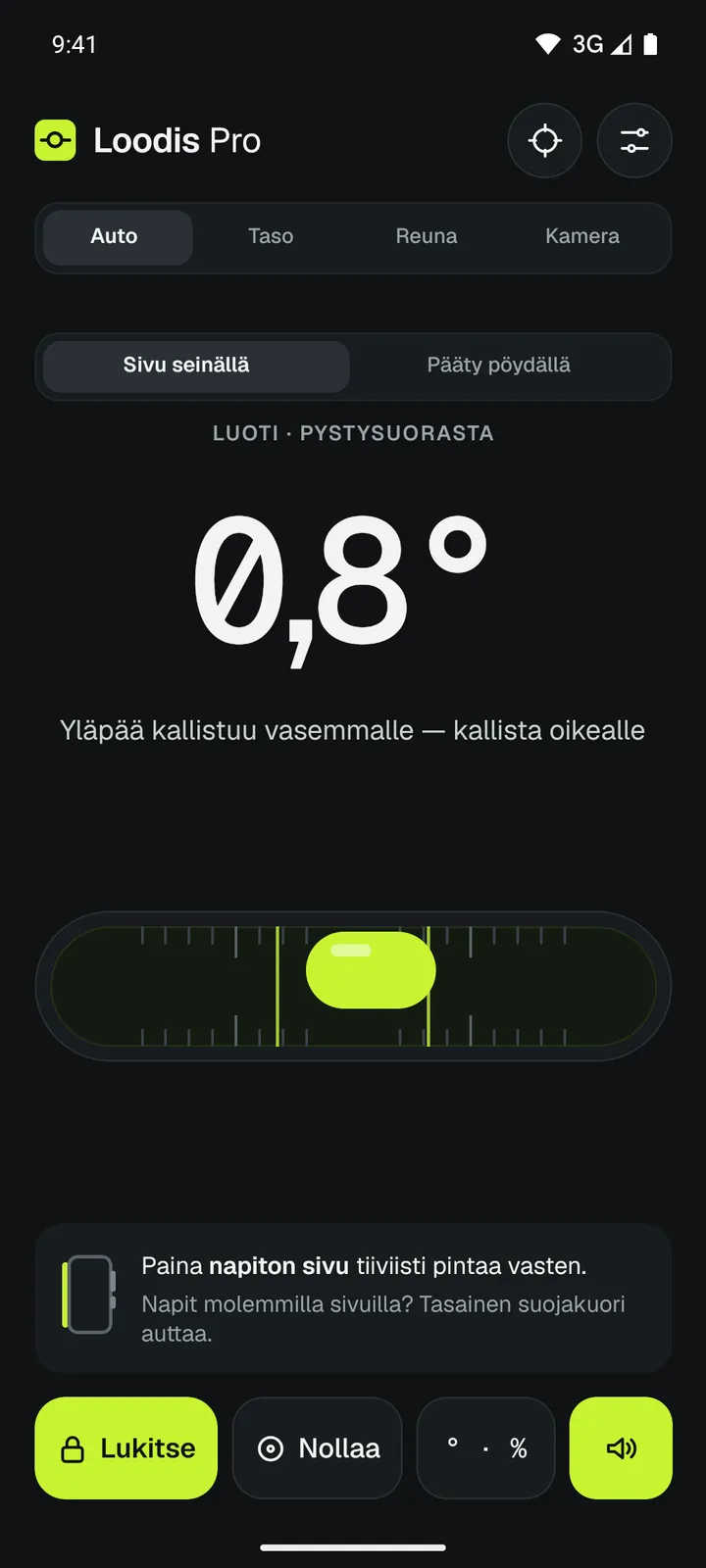 Loodis-sovelluksen luoti seinää vasten: putki näyttää, että yläpää kallistuu vasemmalle