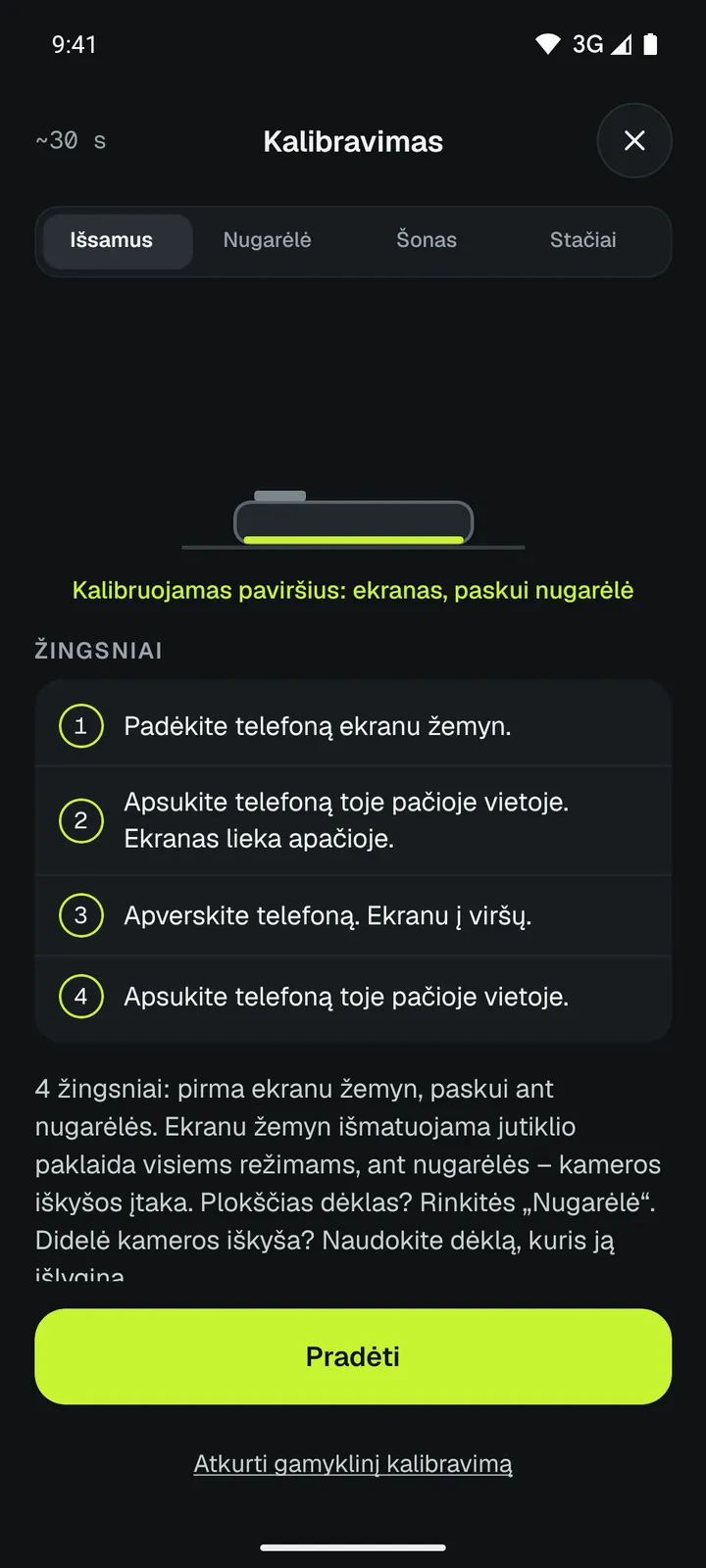 Loodis kalibravimas 4 žingsniais: ant bet kokio stalo, apsukant telefoną