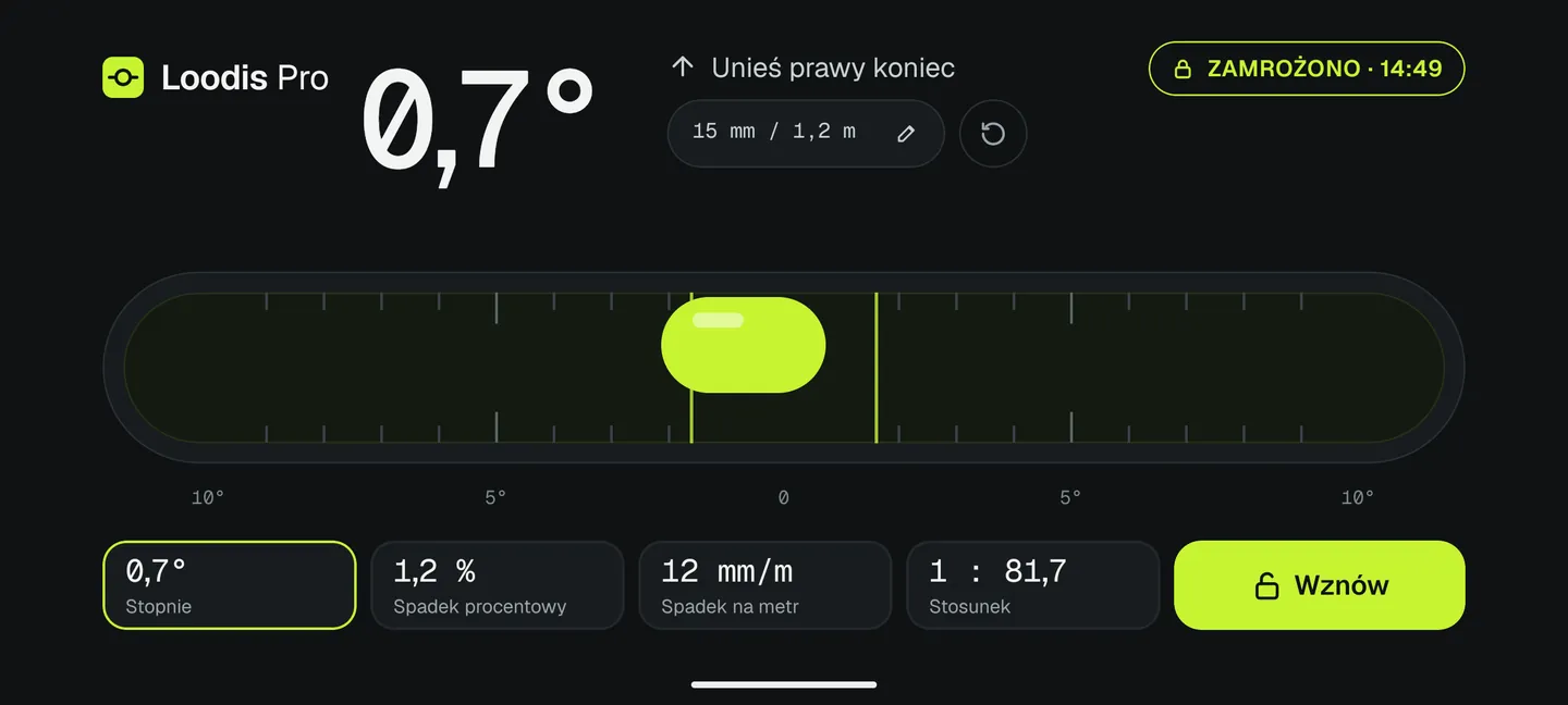 Zamrożony odczyt na krawędzi w Loodis: libella rurkowa 0,7°, unieś prawy koniec o 15 mm na 1,2 m