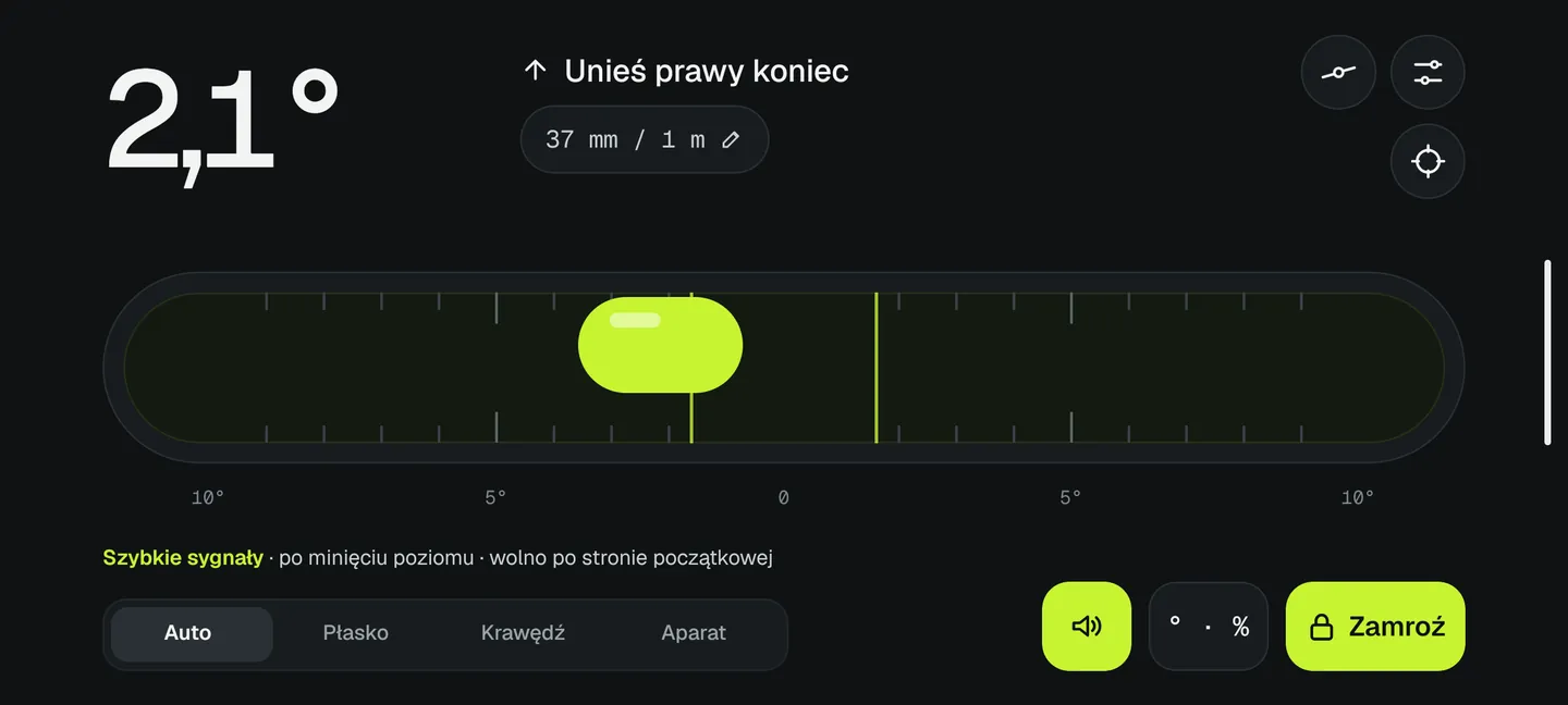 Loodis w trybie Krawędź: libella rurkowa, telefon na dłuższej krawędzi, o ile milimetrów unieść koniec