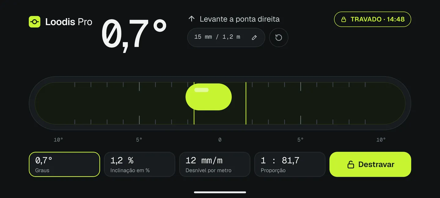 Leitura de borda travada no Loodis: nível tubular em 0,7°, levante a ponta direita 15 mm em 1,2 m